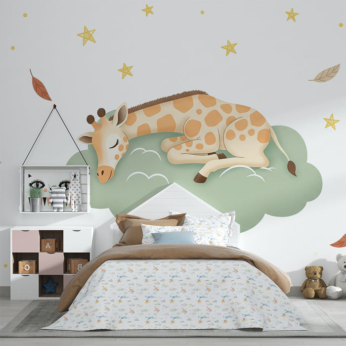 Papier peint chambre bébé | Girafe endormie sur un nuage étoilé
