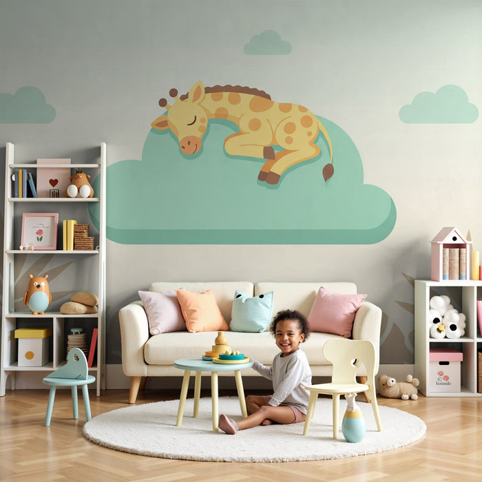Babyzimmer Tapete | Schlafende Giraffe auf einer mintgrünen Wolke