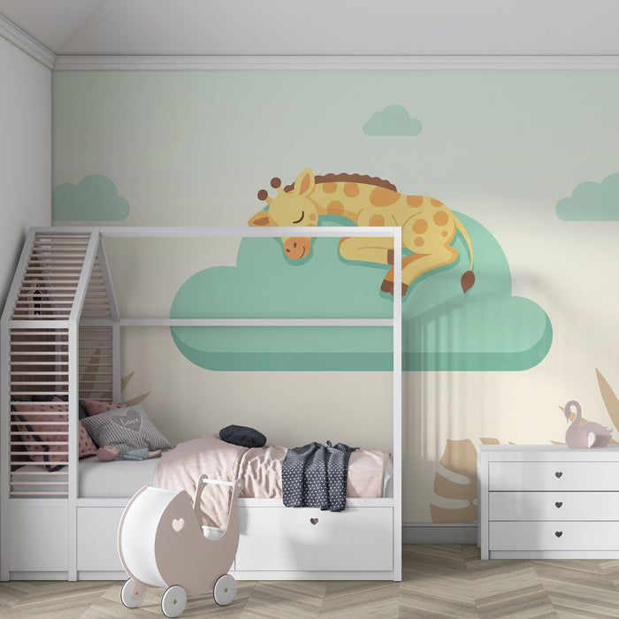 Babyzimmer Tapete | Schlafende Giraffe auf einer mintgrünen Wolke