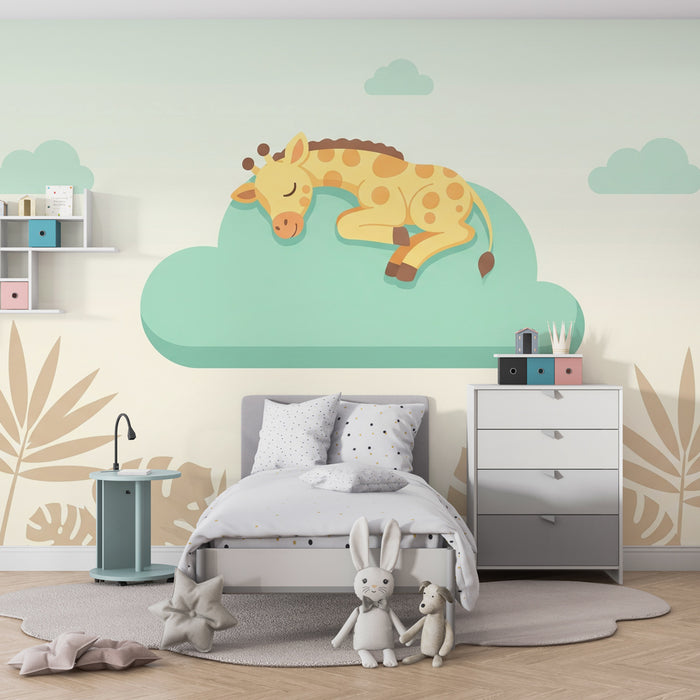 Babyzimmer Tapete | Schlafende Giraffe auf einer mintgrünen Wolke