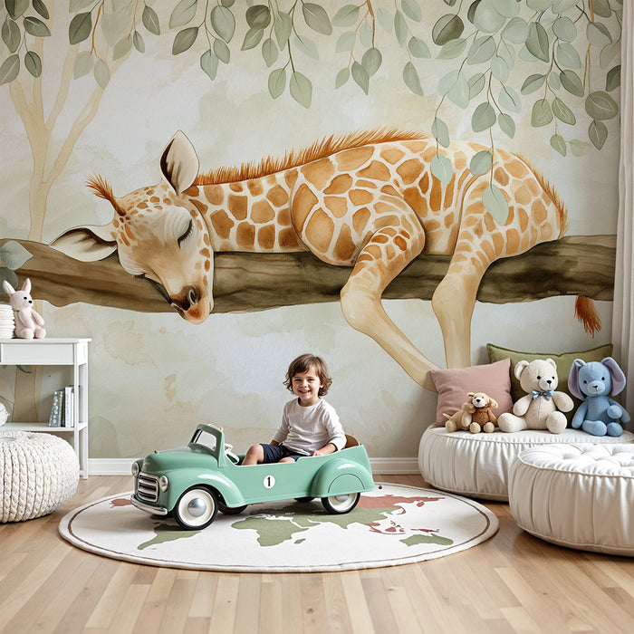 Nursery room wallpaper | Sleeping giraffe on a branch surrounded by soft foliage