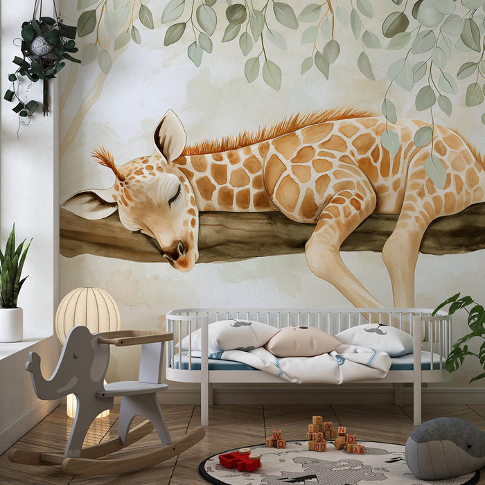 Nursery room wallpaper | Sleeping giraffe on a branch surrounded by soft foliage