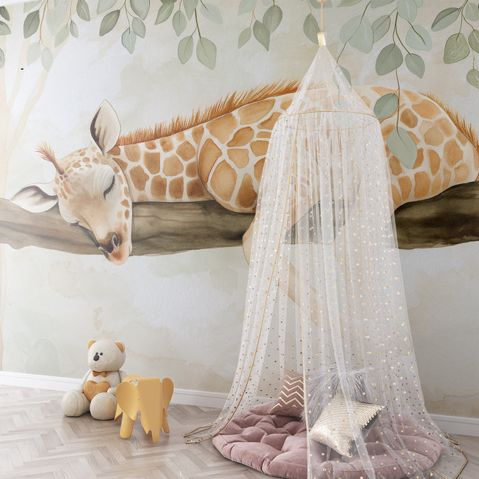 Nursery room wallpaper | Sleeping giraffe on a branch surrounded by soft foliage