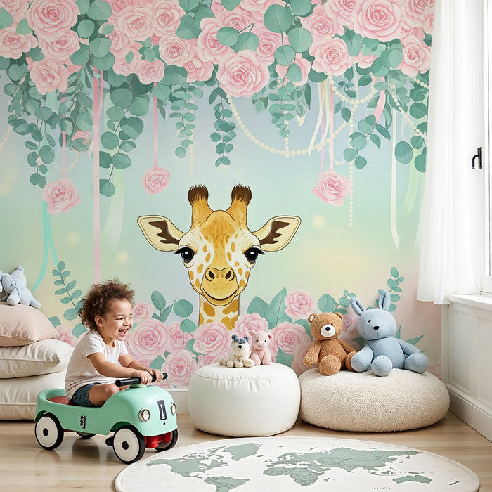 Papel de parede quarto bebê | Vragolasta žirafa među ružama