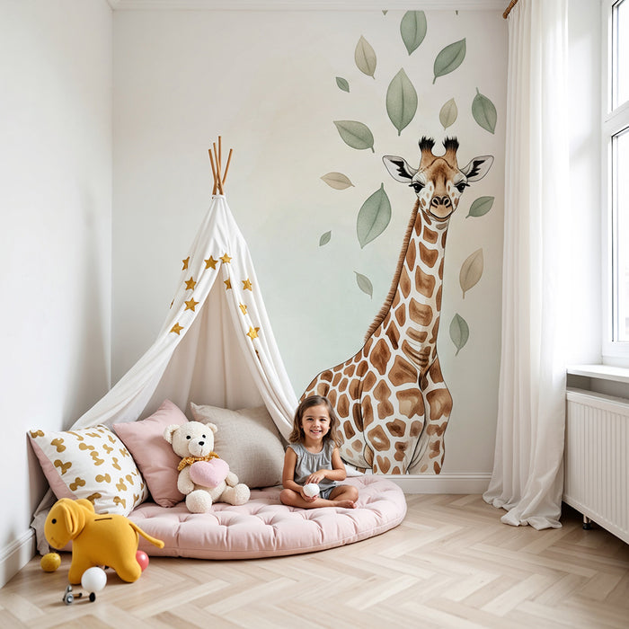 Babykamer behang | Giraffe en delicate bladeren