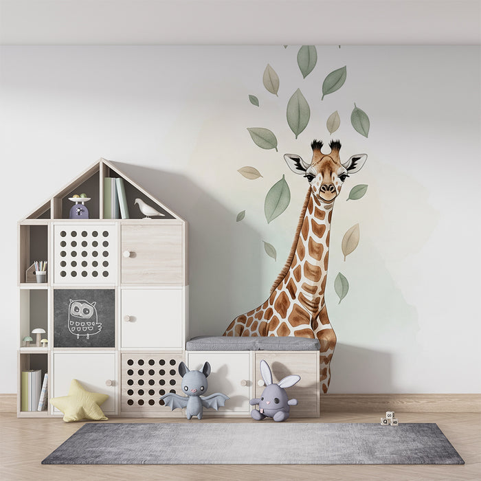 Babykamer behang | Giraffe en delicate bladeren