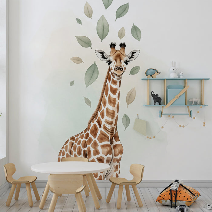 Babykamer behang | Giraffe en delicate bladeren