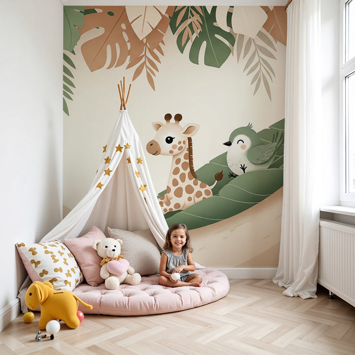 Nursery room wallpaper | Giraffe and bird on a leaf in a tropical setting