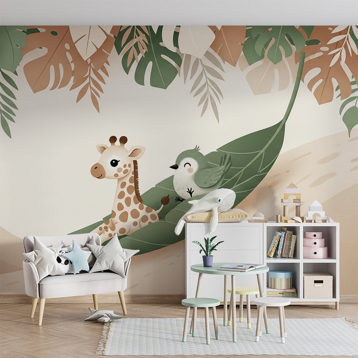 Nursery room wallpaper | Giraffe and bird on a leaf in a tropical setting