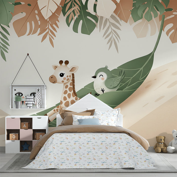 Nursery room wallpaper | Giraffe and bird on a leaf in a tropical setting