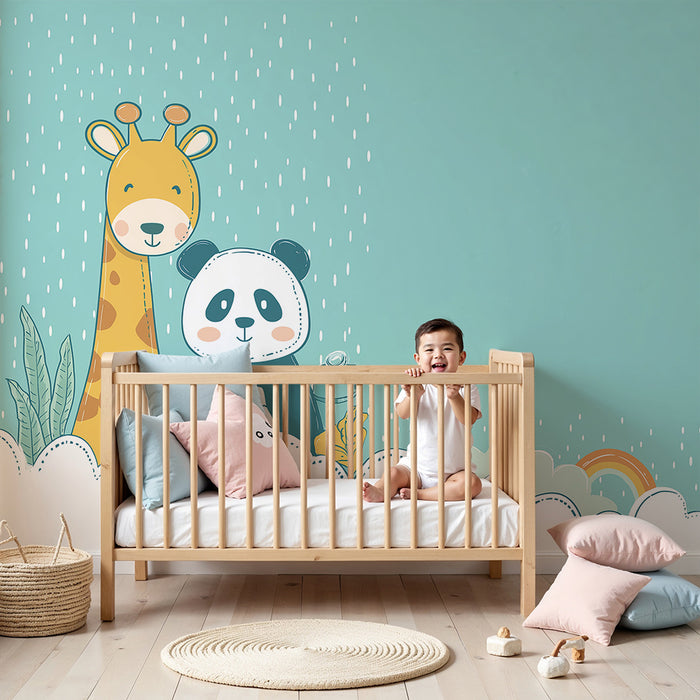 Lastenhuoneen tapetti | Kirahvi ja panda sateen alla pehmeiden pilvien kanssa