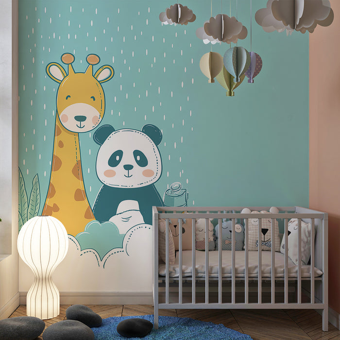 Lastenhuoneen tapetti | Kirahvi ja panda sateen alla pehmeiden pilvien kanssa