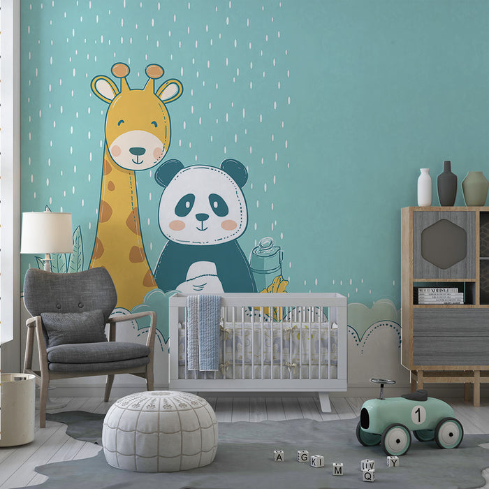 Lastenhuoneen tapetti | Kirahvi ja panda sateen alla pehmeiden pilvien kanssa