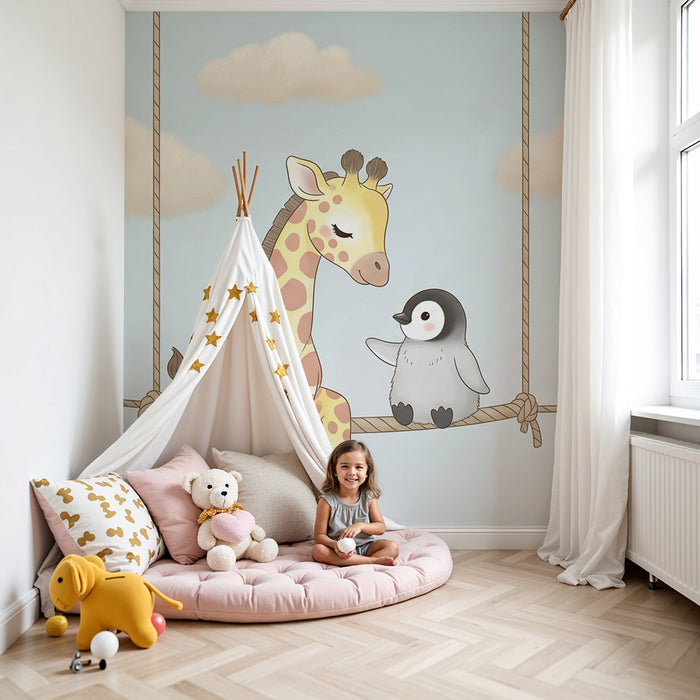 Papel pintado infantil | Jirafa y pingüino en un columpio