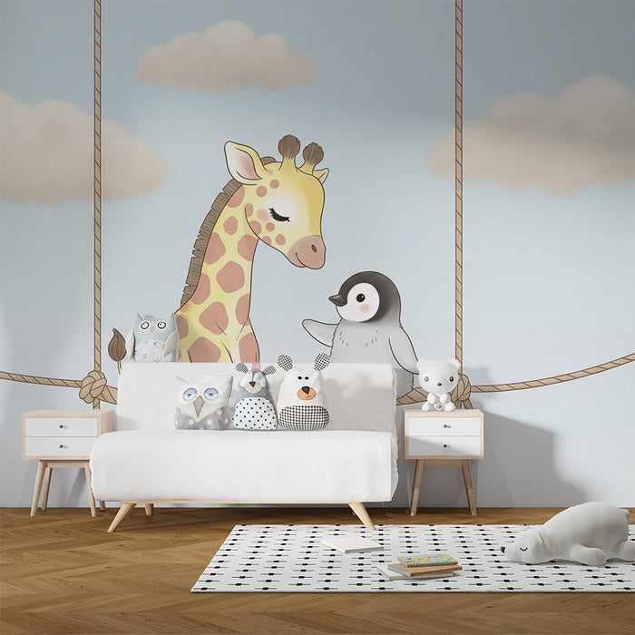 Papel pintado infantil | Jirafa y pingüino en un columpio