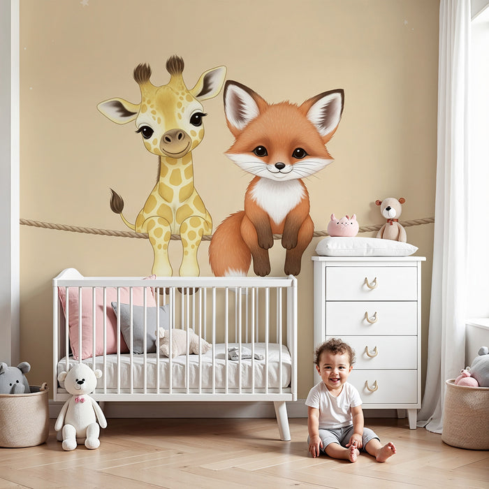 Barntapet | Söta giraffer och rävar på stjärnbakgrund