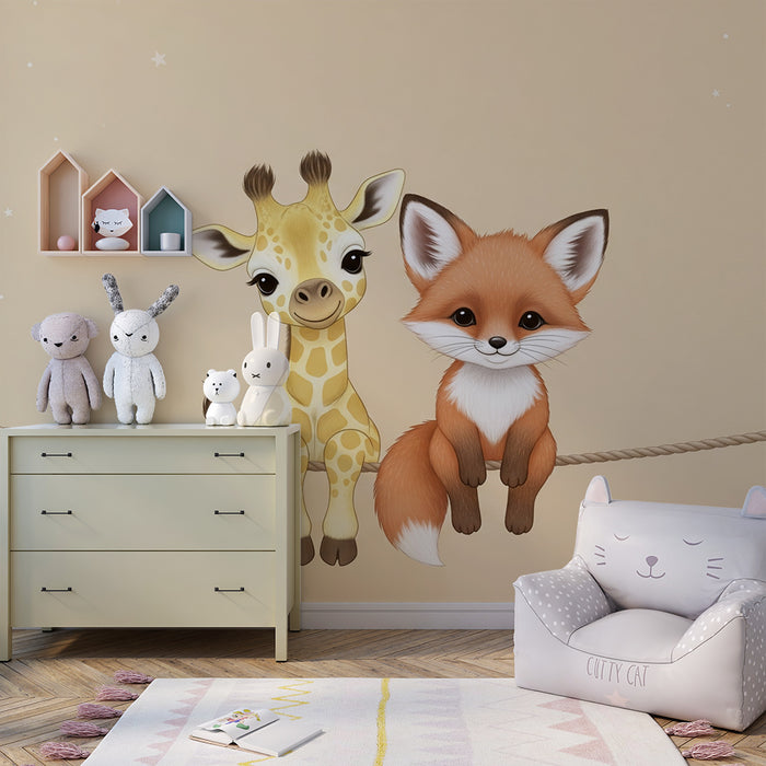 Barntapet | Söta giraffer och rävar på stjärnbakgrund