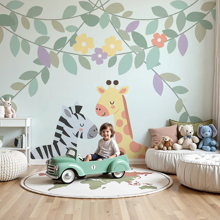 Papel pintado infantil | Jirafa y cebra bajo una delicada hoja perenne