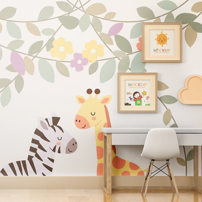 Papel pintado infantil | Jirafa y cebra bajo una delicada hoja perenne