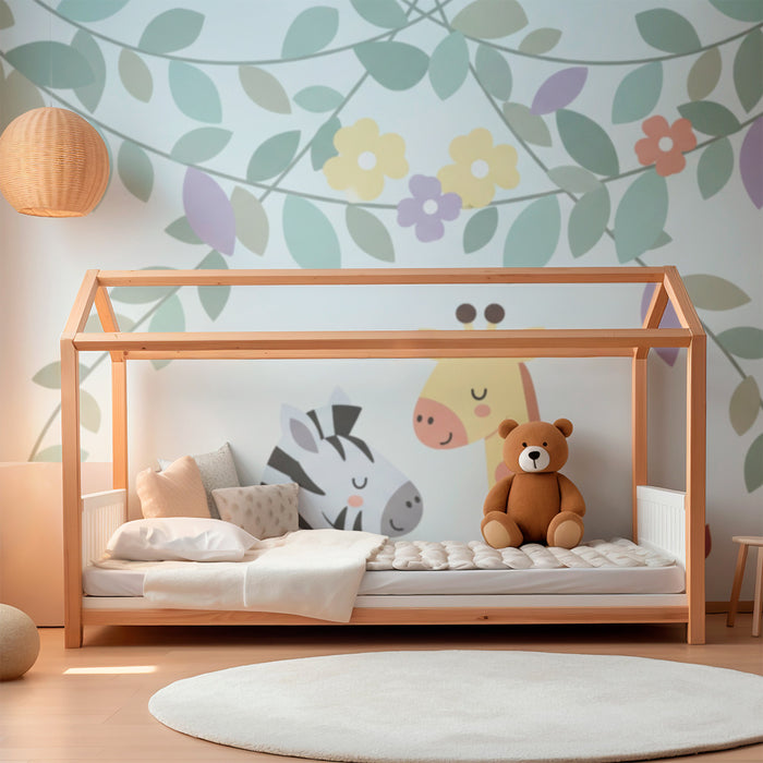 Papel pintado infantil | Jirafa y cebra bajo una delicada hoja perenne
