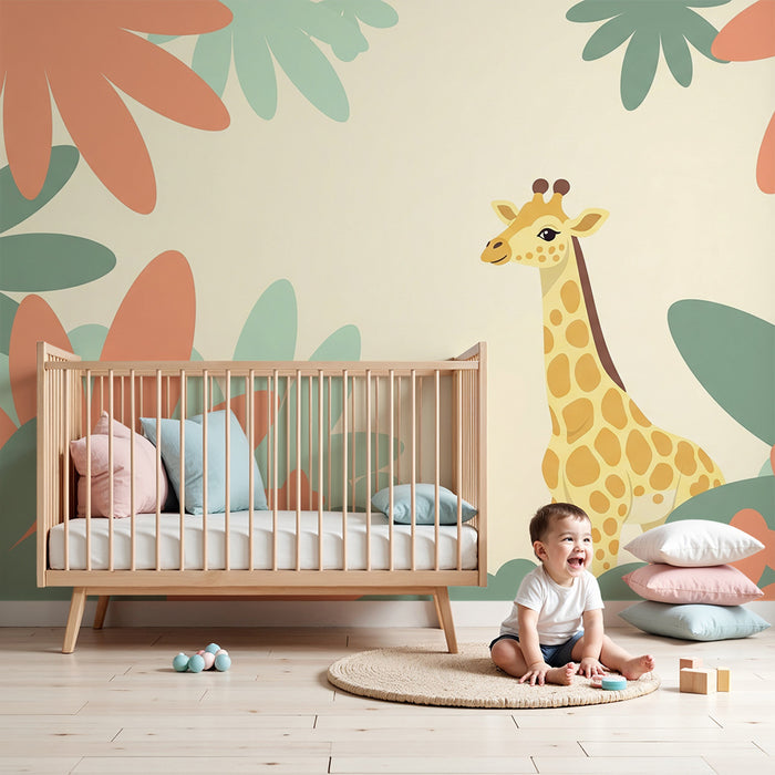 Nursery room wallpaper | Joyful giraffe in the middle of colorful foliage