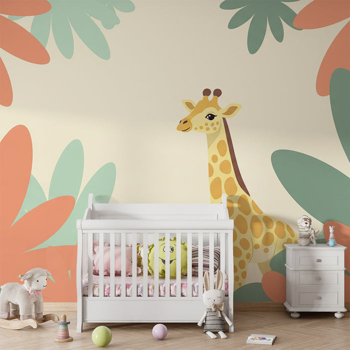 Nursery room wallpaper | Joyful giraffe in the middle of colorful foliage