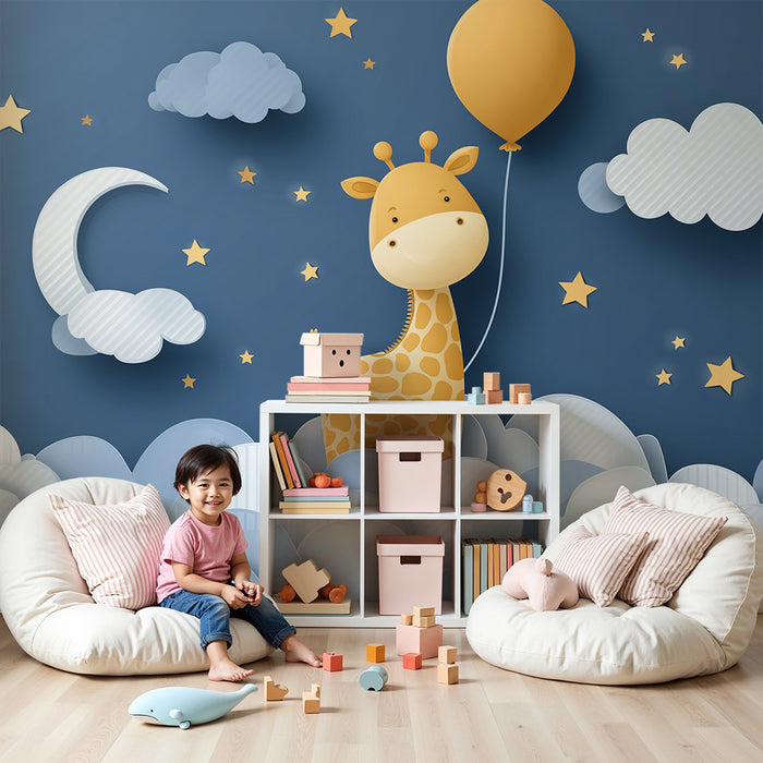 Papier de parede za dječju sobu | Sretna žirafa na zvjezdano nebo s oblacima