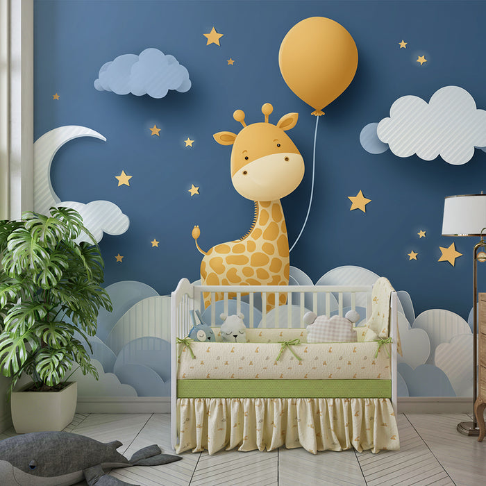 Papier de parede za dječju sobu | Sretna žirafa na zvjezdano nebo s oblacima