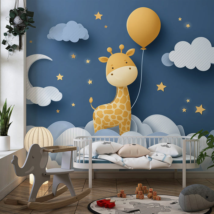 Papier de parede za dječju sobu | Sretna žirafa na zvjezdano nebo s oblacima