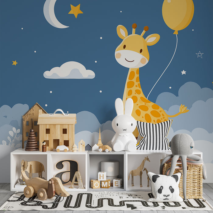 Χαρτί τοίχου βρεφικού δωματίου | Χαρούμενη καμηλοπάρδαλη σε αστερωμένο ουρανό με απαλά σύννεφα