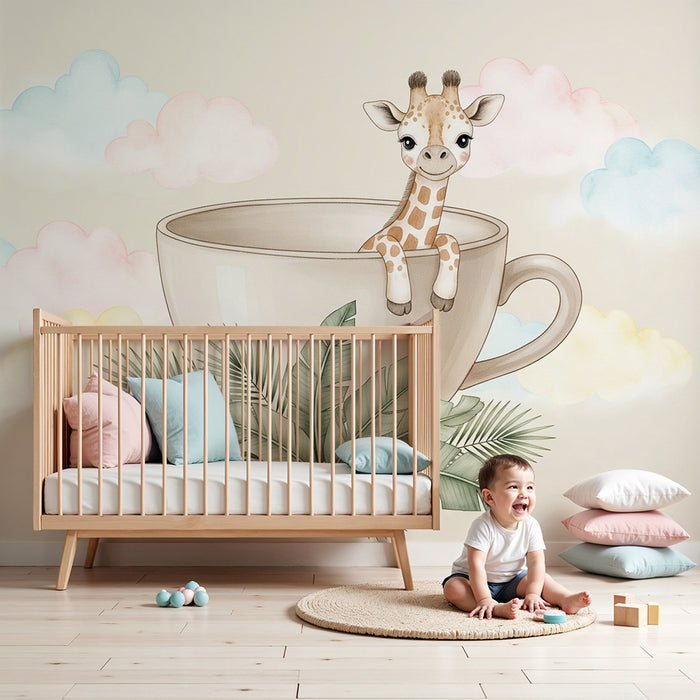Papier peint chambre bébé | Girafe joyeuse dans une tasse