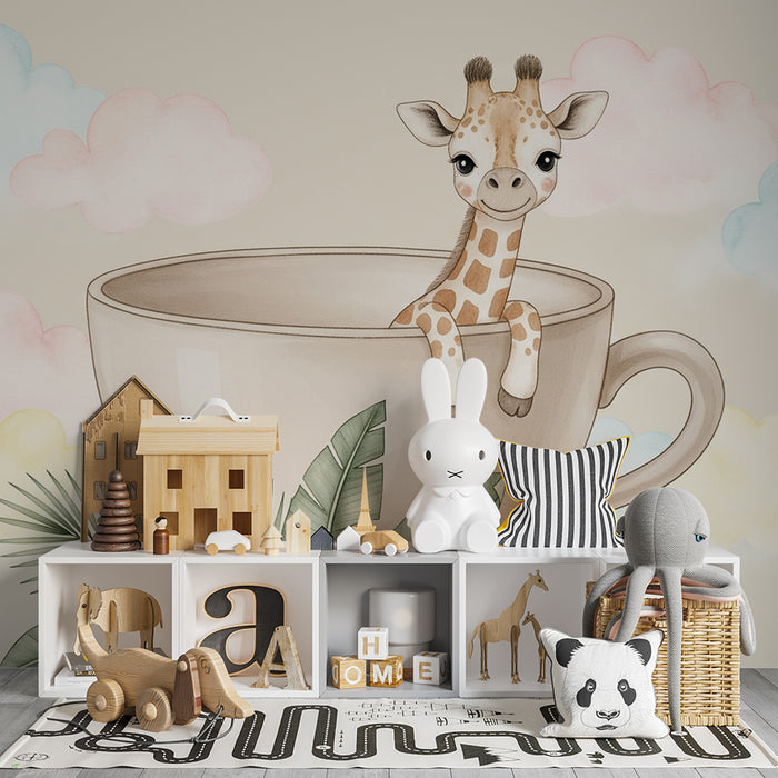 Papier peint chambre bébé | Girafe joyeuse dans une tasse