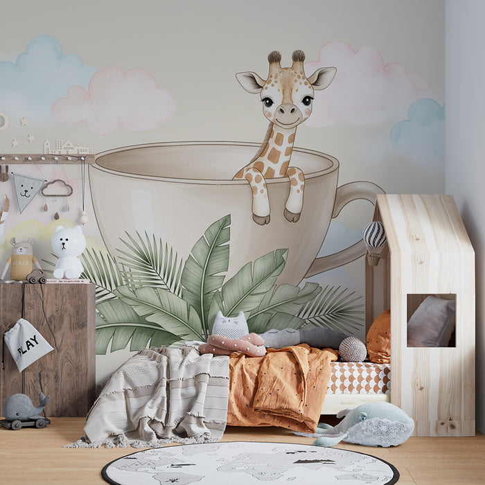 Papier peint chambre bébé | Girafe joyeuse dans une tasse