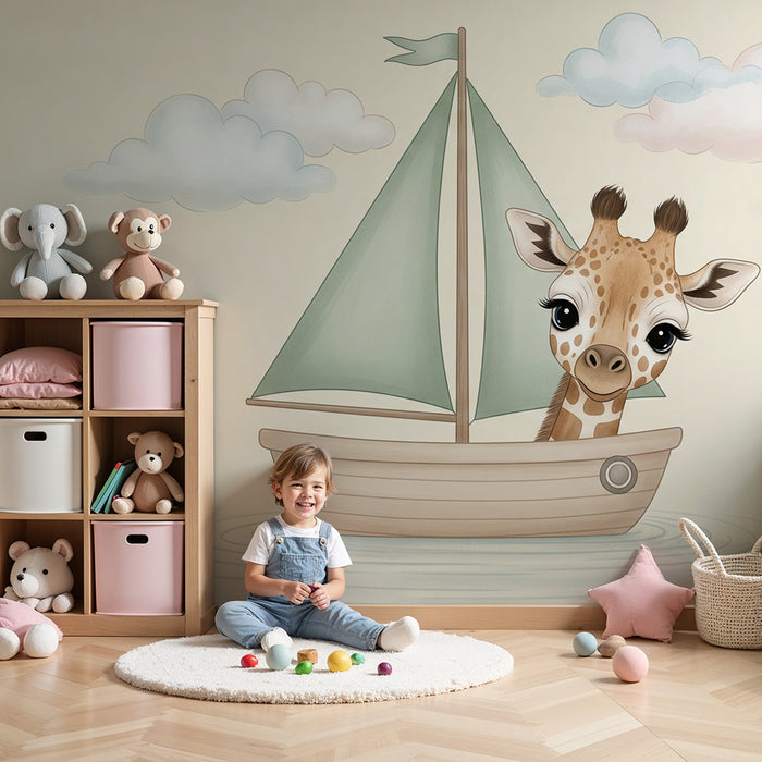 Papier peint chambre bébé | Girafe joyeuse en bateau