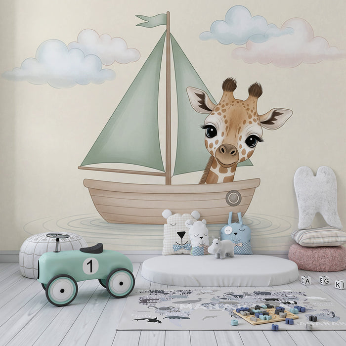 Papier peint chambre bébé | Girafe joyeuse en bateau