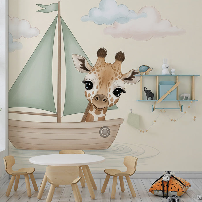 Papier peint chambre bébé | Girafe joyeuse en bateau