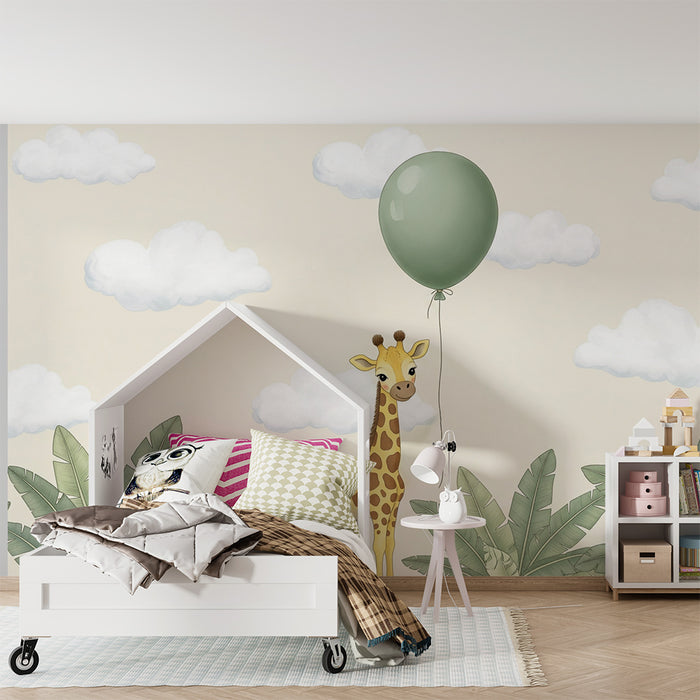 Tapet pentru camera de bebeluși | Girafa veselă și baloane în nori