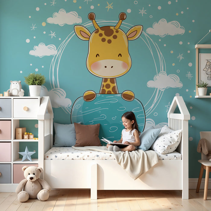 Papel de parede quarto bebê | Girafa alegre e céu estrelado