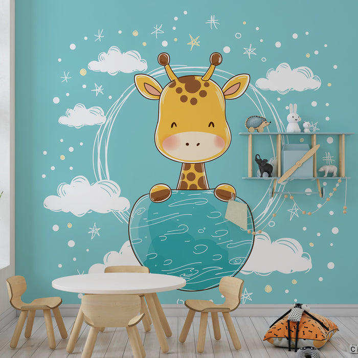 Papel de parede quarto bebê | Girafa alegre e céu estrelado
