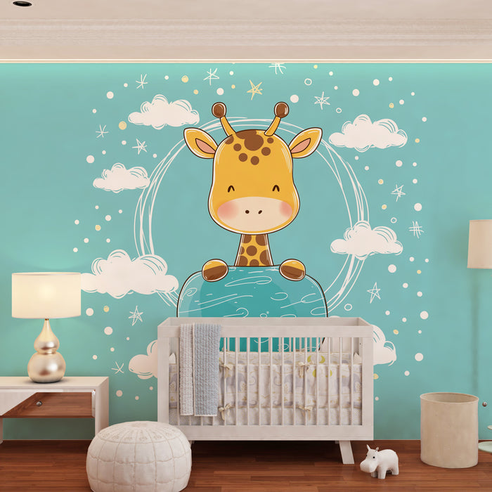 Papel de parede quarto bebê | Girafa alegre e céu estrelado