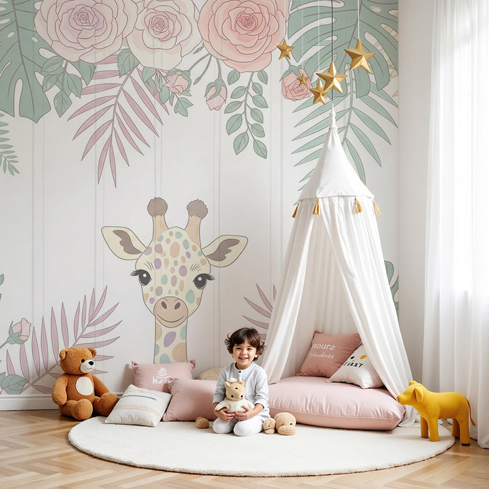 Papel de parede quarto bebê | Girafa feliz e flores delicadas