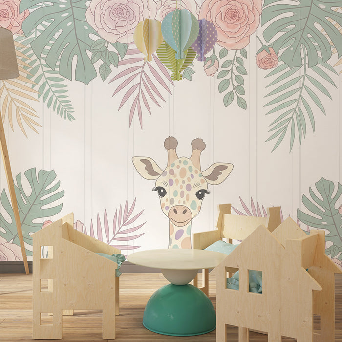 Papel de parede quarto bebê | Girafa feliz e flores delicadas