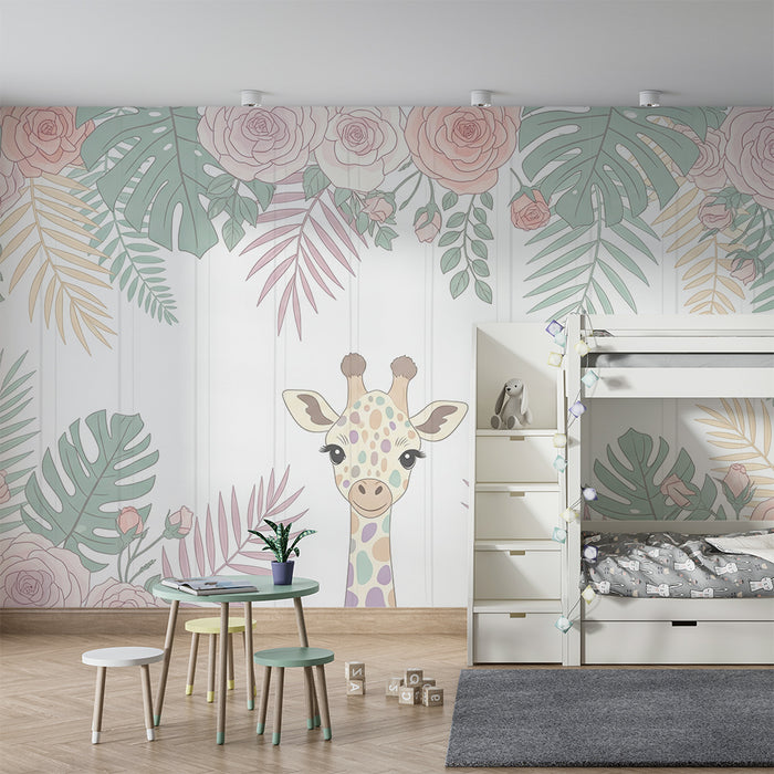 Papel de parede quarto bebê | Girafa feliz e flores delicadas