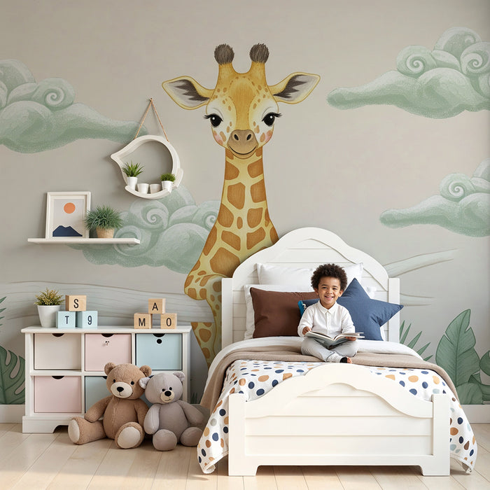 Papier peint chambre bébé | Girafe joyeuse et nuages doux