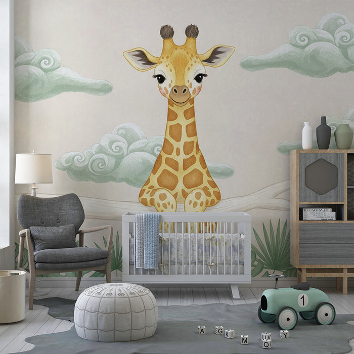 Papier peint chambre bébé | Girafe joyeuse et nuages doux