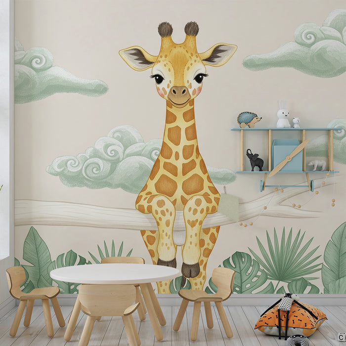 Papier peint chambre bébé | Girafe joyeuse et nuages doux