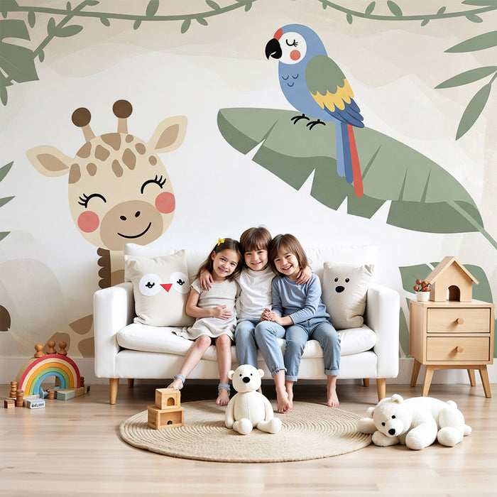Barntapet | Glatt giraff och färgglad papegoja i lugn djungel