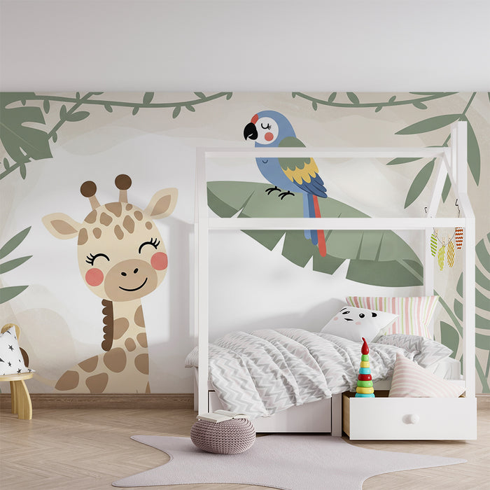 Barntapet | Glatt giraff och färgglad papegoja i lugn djungel