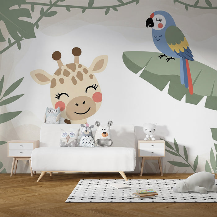 Barntapet | Glatt giraff och färgglad papegoja i lugn djungel