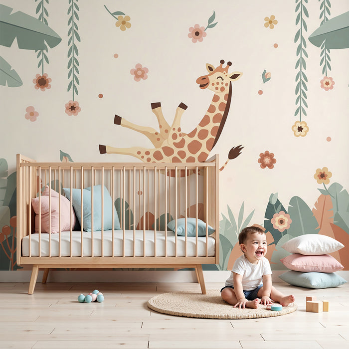Babykamer behang | Vrolijke giraf tussen gekleurde bloemen en bladeren